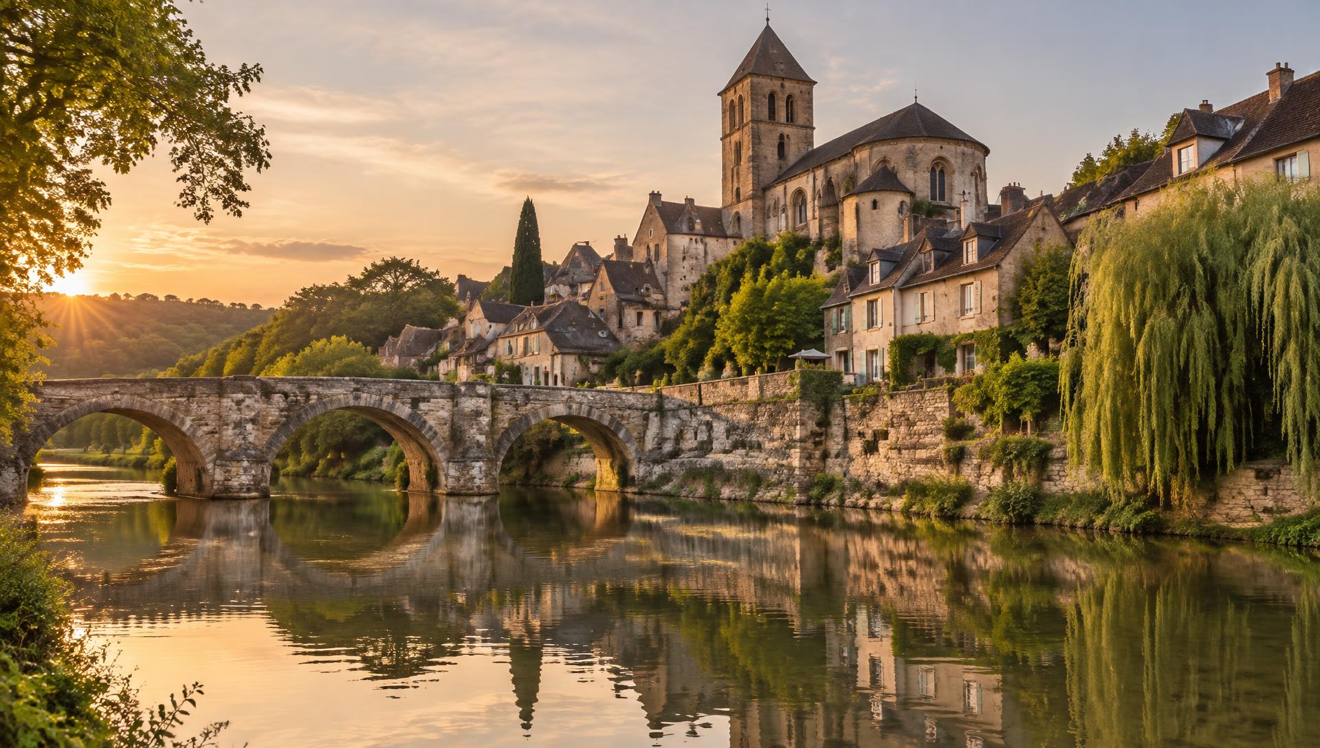 A medieval French village and stone bridge reflected in a calm river at golden hour