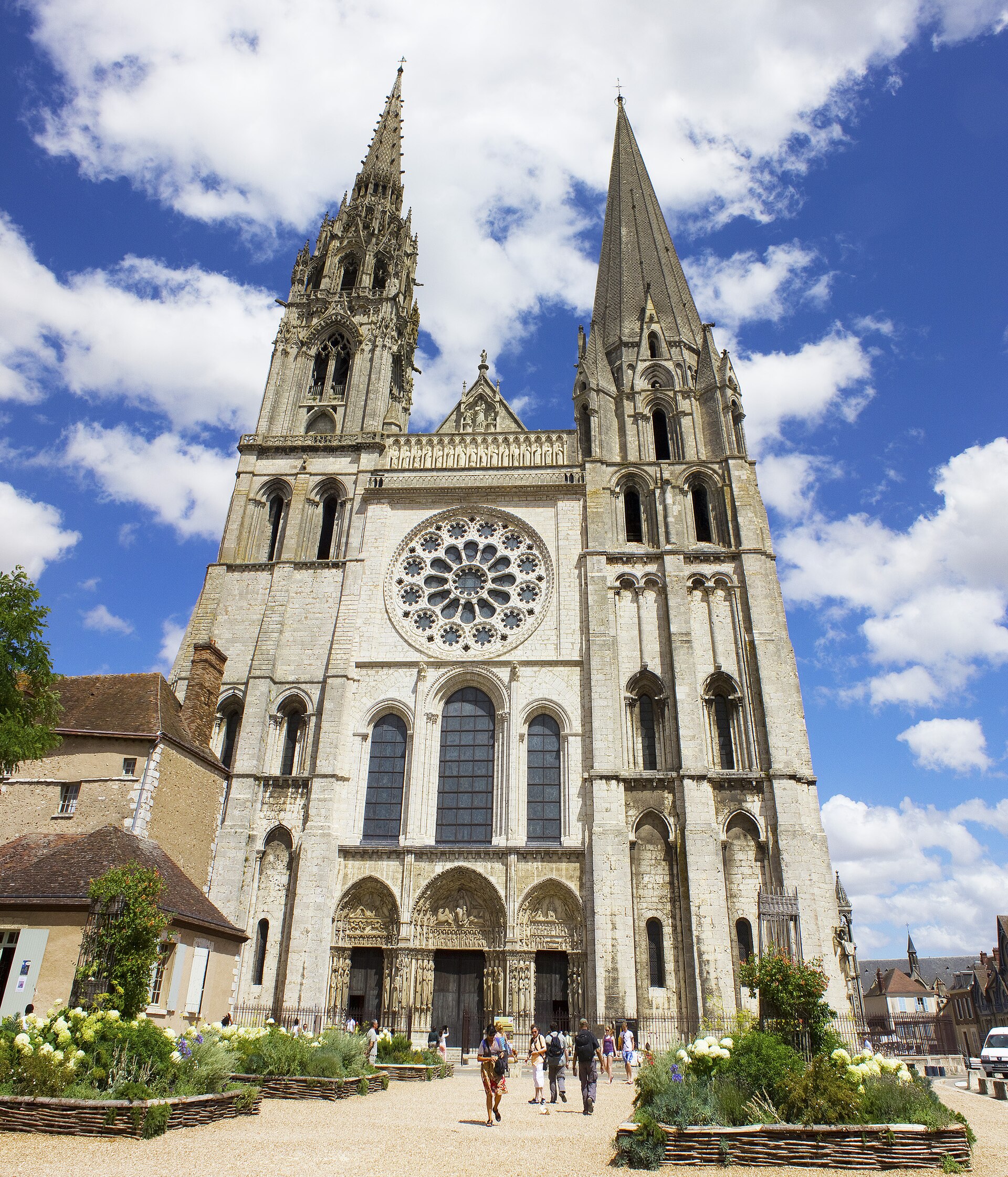 The west facade of Chartres Cathedral with its two distinctive spires